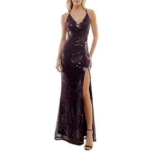 Speechless Sequin Ruched Mesh Corset tie back Dress Eggplant NWT